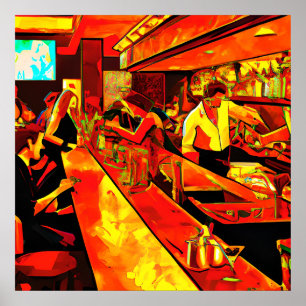Poster Scène de bar amusante   Barman et clients