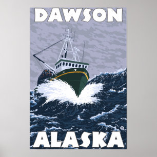 Poster Scène de bateau de pêche - Dawson, Alaska