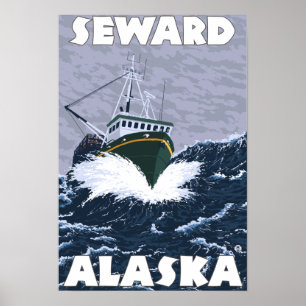 Poster Scène de bateau de pêche - Seward, Alaska