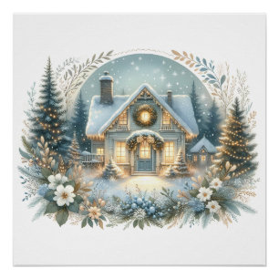 Poster Scène de cabane enneigée lumineuse