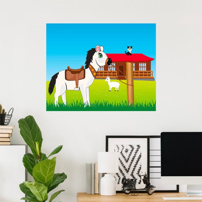 Poster Scène de dessin animé de ferme avec un cheval, un  (Créateur téléchargé)