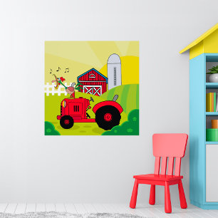 Poster Scène de ferme avec coq chantant sur tracteur