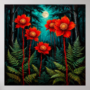 Poster Scène de forêt enchanteresse avec des fleurs rouge