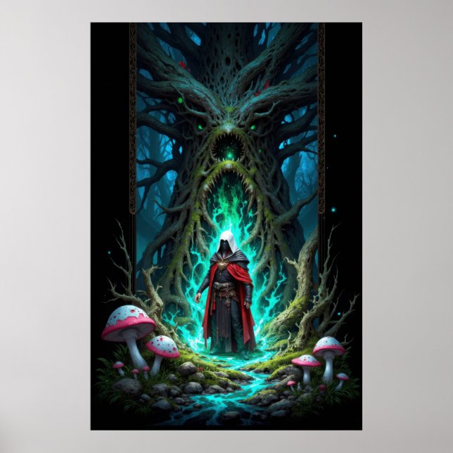 Poster Scène de forêt enchanteresse avec une figure mysté (Devant)