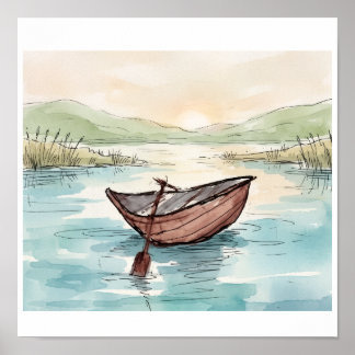 Poster Scène de lac de bateau en bois à l'aquarelle serei