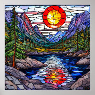 Poster Scène de montagne avec un lac et des arbres