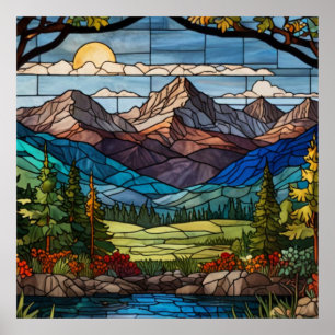 Poster Scène de montagne boisée en verre teinté vintage