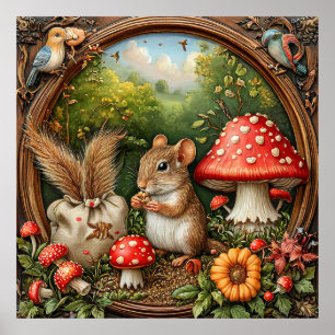 Poster Scène de nature fantaisiste avec souris, champigno