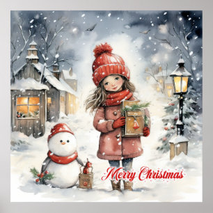 Poster Scène de Noël confortable avec petite fille