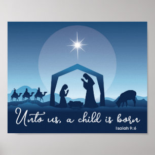 Poster Scène de Noël religieuse chrétienne bleue de la Na