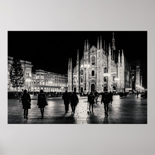 Poster Scène de nuit du Duomo noir et blanc, Milan (Devant)