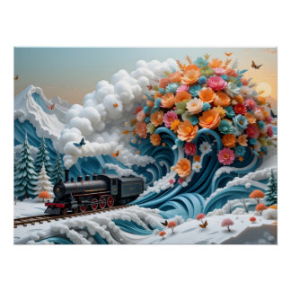 Poster Scène de Papercraft de train d'hiver