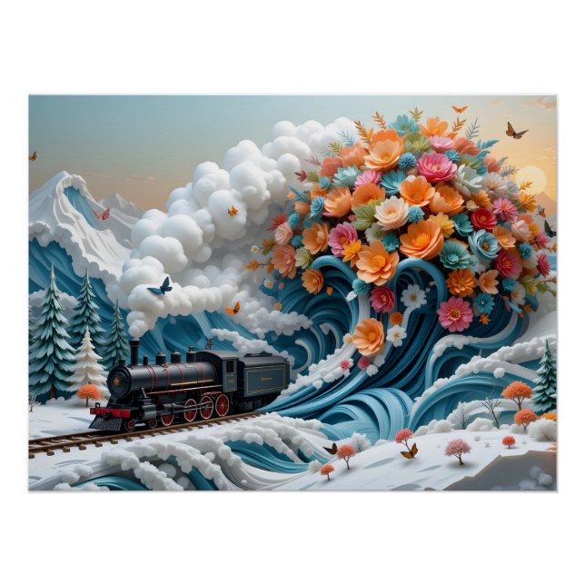 Poster Scène de Papercraft de train d'hiver (Devant)