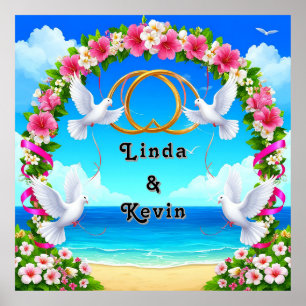 Poster Scène de plage romantique avec arche florale