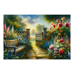 Poster Scène de porte de chemin de jardin ensoleillé