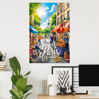 Poster Scène De Rue Parisienne Avec Tour Eiffel