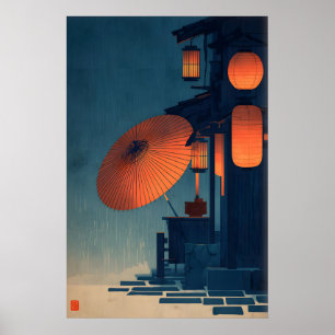 Poster Scène de rue pluvieuse la nuit avec lanterne japon