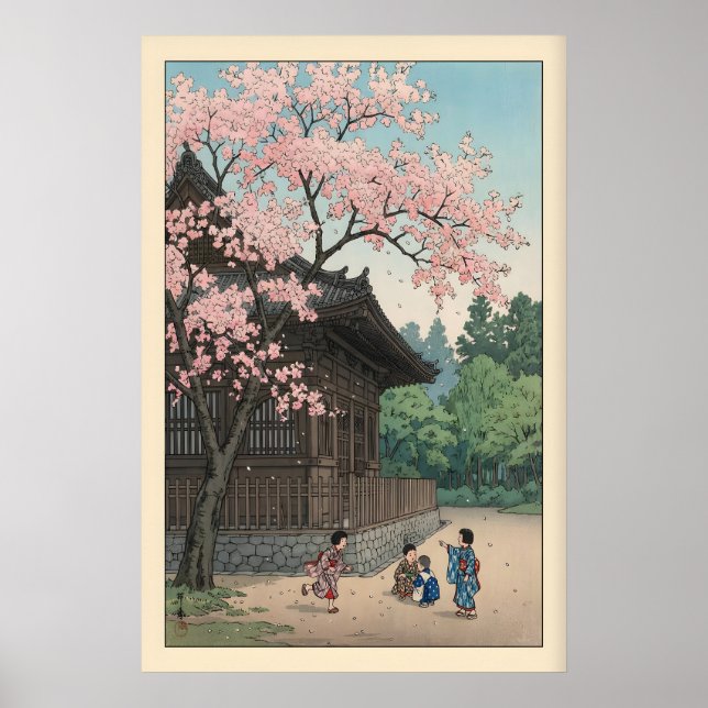 Poster Scène de temple printanier Sakura Jiin avec enfant (Devant)