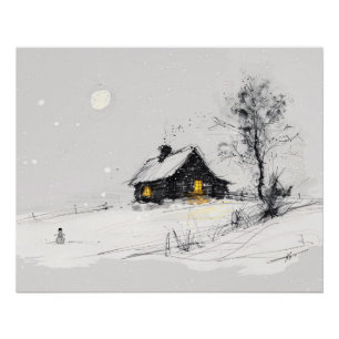 Poster Scène de vacances d'hiver cosy avec bonhomme de ne