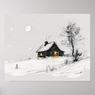 Poster Scène de vacances d'hiver cosy avec bonhomme de ne