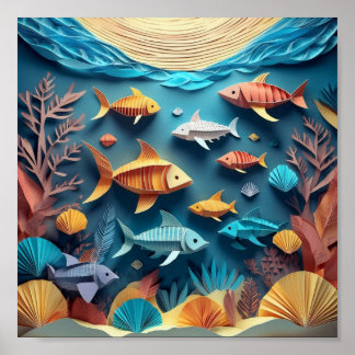 Poster Scène de vie marine en origami en 3D en papier art