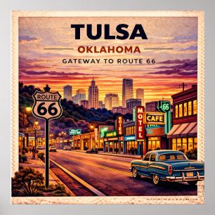 Poster Scène de voyage vintage sur la route 66 à Tulsa Ok