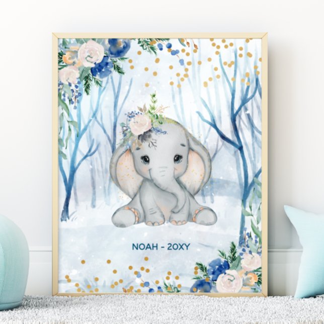 Poster Scène d'éléphant bébé en hiver - Nurserie (Créateur téléchargé)