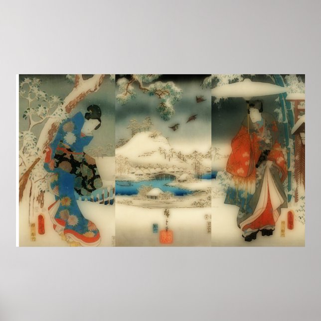 Poster scène d'hiver - triptyque d'art japonais vintage (Devant)