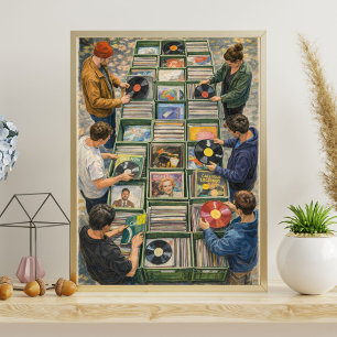 Poster Scène du marché des disques vinyles vintage