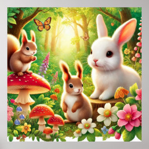 Poster Scène fantaisiste de forêt avec lapins, écureuils