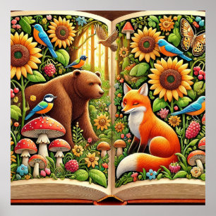 Poster Scène Forêt Avec Ours, Renard, Fleurs De Soleil