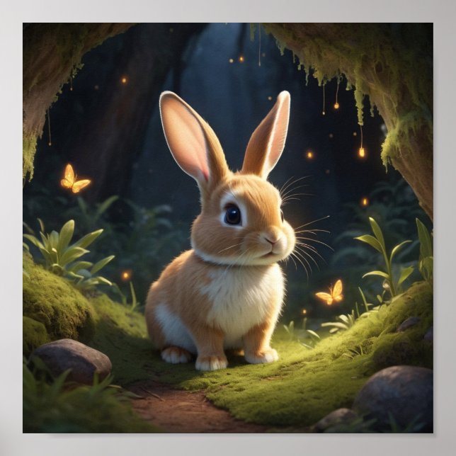 Poster Scène Forêt Magique avec lapin mignon (Devant)