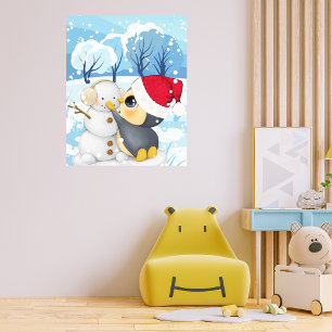 Poster Scène hivernale avec manchot et bonhomme de neige