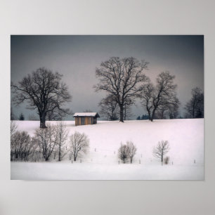 Poster Scène hivernale, colline et arbres, cabane
