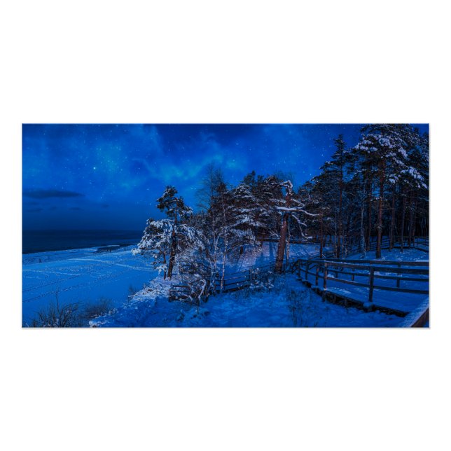 Poster Scène hivernale nocturne avec pins enneigés (Devant)