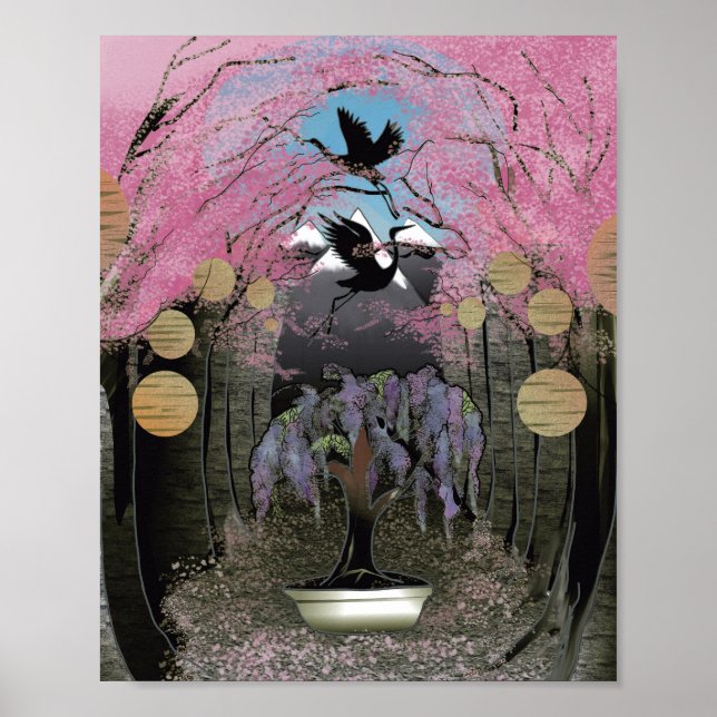 Poster Scène japonaise de fleurs de cerisiers (Devant)