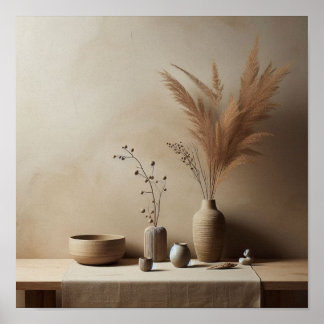 Poster Scène japonaise minimale avec fleurs douces et arg