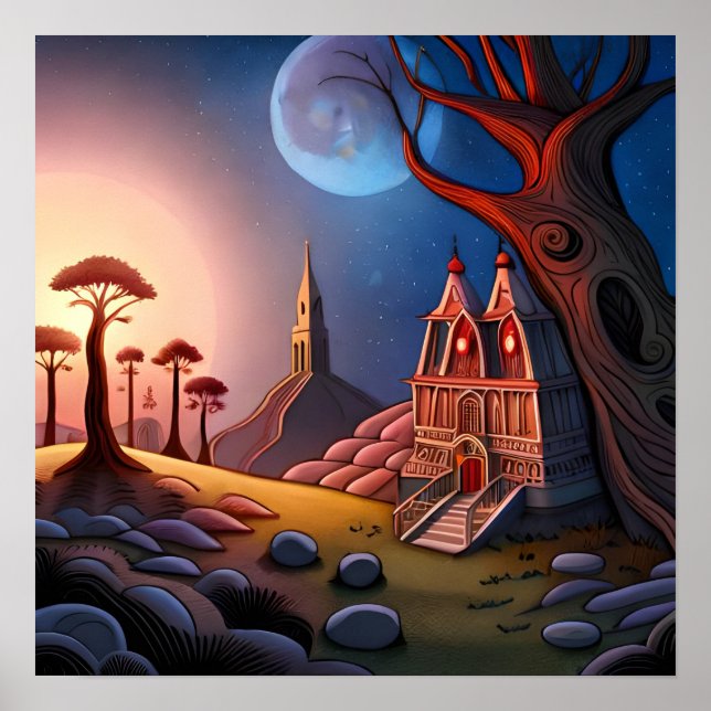 Poster scène magique de cimetière forestier avec grand to (Devant)