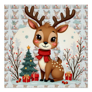 Poster Scène mignonne de rennes de Noël dans une forêt en