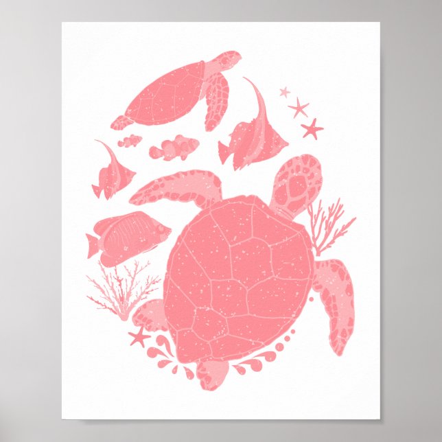 Poster Scène océanique rose pâle avec poissons et tortues (Devant)