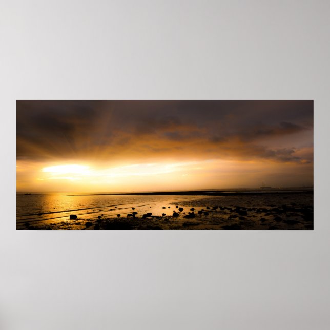 Poster Scène panoramique coucher de soleil sur la plage d (Devant)
