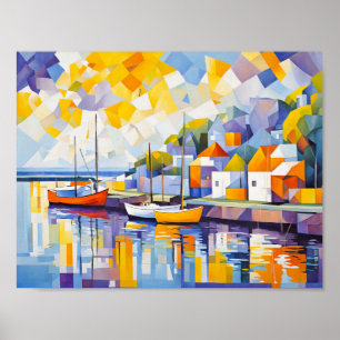 Poster Scène portuaire cubiste avec bateaux