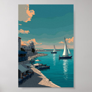 Poster Scène portuaire méditerranéenne - Bateaux à voile