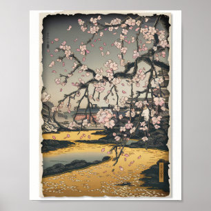 Poster Scène Sakura vintage de Woodblock
