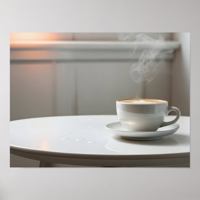 Poster Scène sereine : Table blanche avec une coupe à vap (Devant)