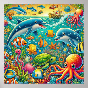 Poster Scène sous-marine colorée mettant en vedette la vi