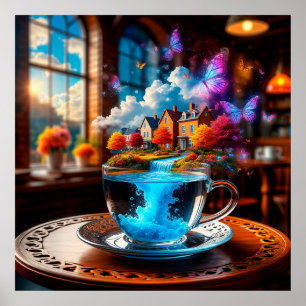 Poster Scène surréaliste de tasse à thé avec des maisons