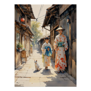 Poster Scène traditionnelle japonaise de kimono dans la r