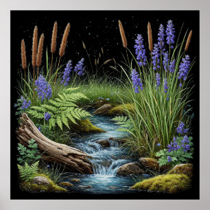 Poster Scène tranquille de ruisseau dans la forêt, ambian