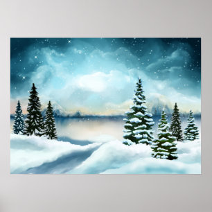 Poster Scenic Winter Wonderland Watercolor Painting
